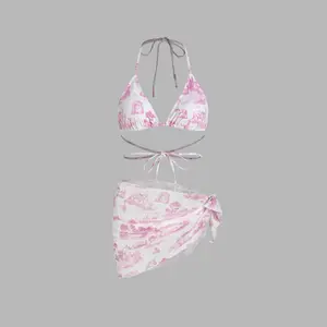Cider Vintage Printed Halter Bikini 3-Piece Set
