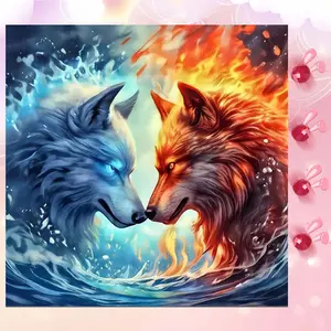 5D DIY Full Diamond Round Diamond Painting - Diamond Art Painting Kit Ice Fire Wolf Mosaic, Canvas - DIY Home Decoration, Suitable for Halloween, Christmas, Birthday and Anniversary Gifts