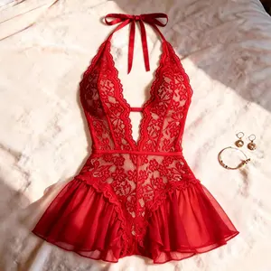 Women's All-Season Solid Color Lace Teddy Bodysuit, Sexy Breathable Push-Up Lingerie for Daily Wear