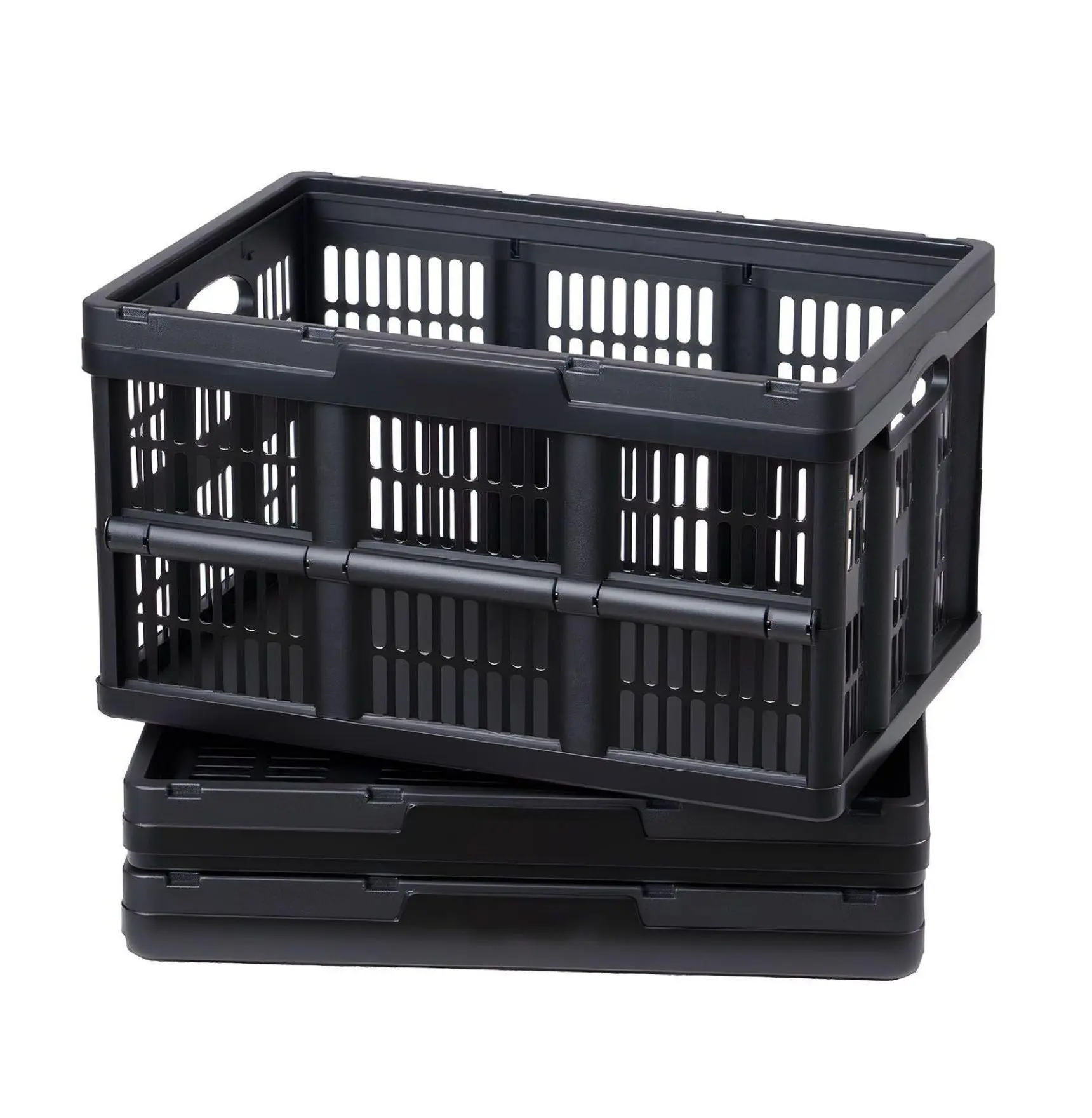Plastic Storage Bins 45L, 3 Pack - Collapsible Folding Crates with Handles, Stackable Heavy Duty Containers - Space Saving Organizer for Home, Garage, & Car Black