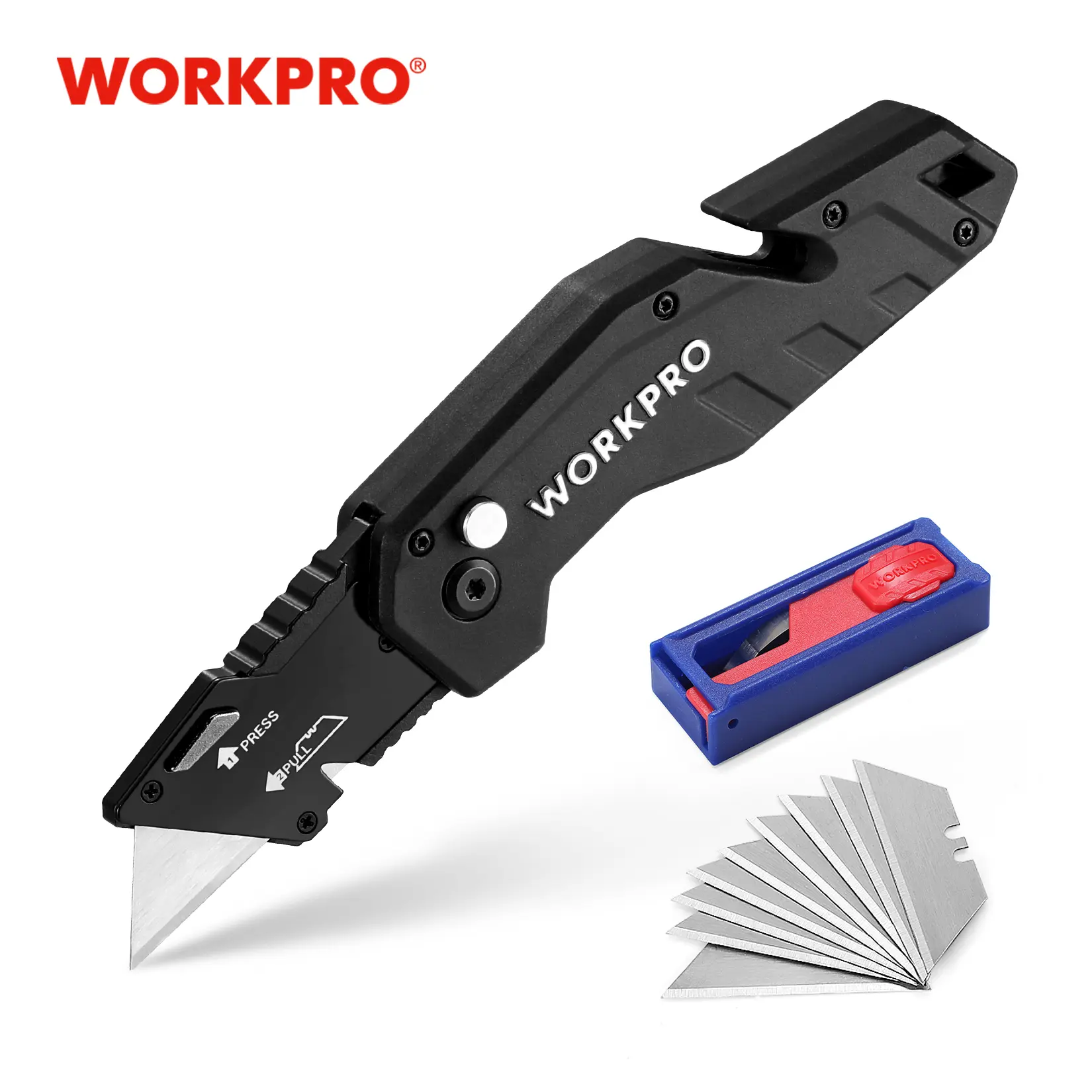 #fathersdaygift WORKPRO Folding Utility Knife, Box Cutter with Belt Clip, Quick-Change Blade, Lightweight Nylon Handle, Wire Stripper & Gut Hook, Extra 10 SK5 Blades Included, Black