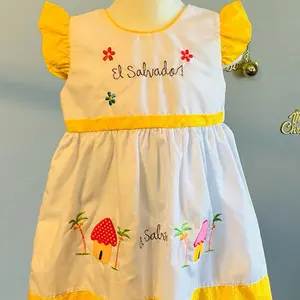 Tiny Giant's Dress - Embroidered El Salvador Design with Palm Trees & Flamingo Motif Yellow Trim for ages 9-12 month