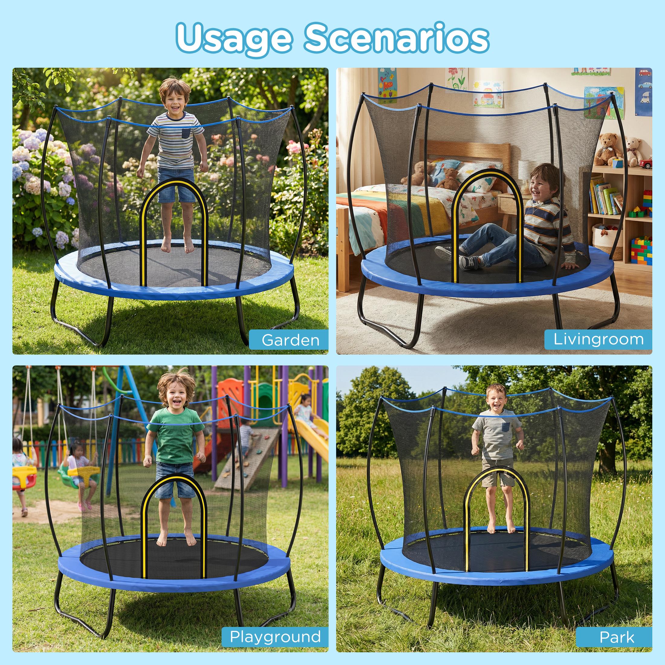 55 Inch Round Trampoline Dark Pink with Safety Net 6 Flexible Poles 3 W-Shape Legs UV Resistant Waterproof for Kids