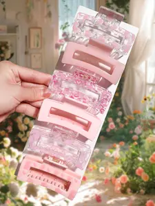 4/6pcs sweet and all-match large pink rectangular hair claw clip, strong grip, Heart, daily ladies hair grip clip, thick hair | fine hair, spring, summer, autumn and winter ladie