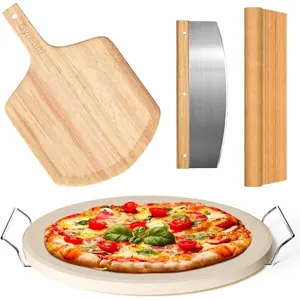 5 PCS Round Pizza Stone Set, 13" Pizza Stone for Oven and Grill with OAK Pizza Peel, Serving Rack, Pizza Cutter & 10pcs Free Cooking Paper, Baking Stone for Pizza Bread