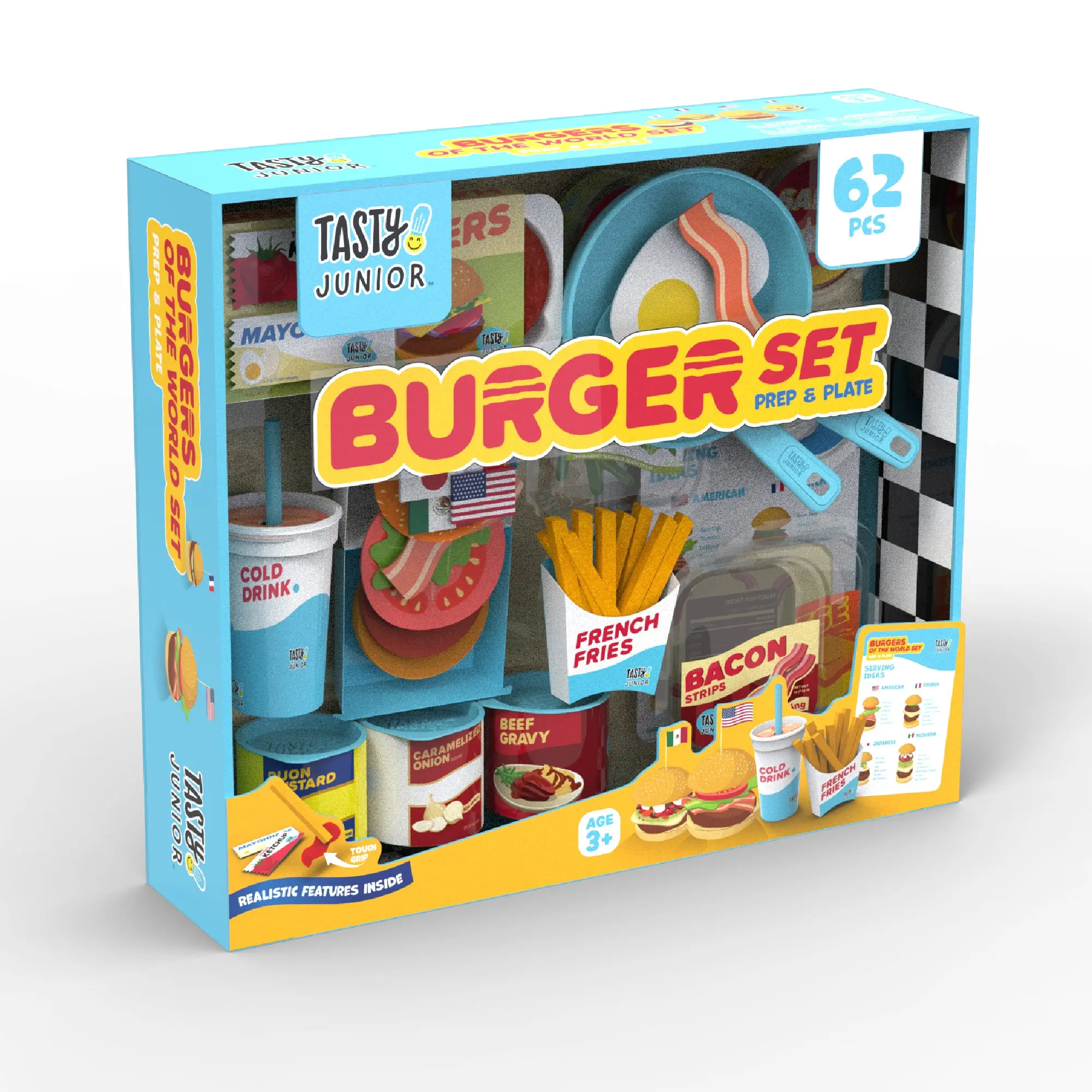Tasty Junior Burgers of The World Set 62 Pieces Prep & Plate Kit with Realistic Features for Kids to Make Popular Burgers from Around the World