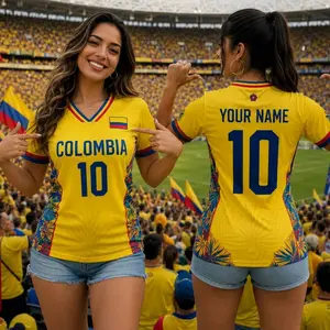 Colombia V-neck Short Sleeve Jersey, Custom Name Number Soccer Jersey for Women, Support Football Team Outfit, Gifts for Soccer Fan