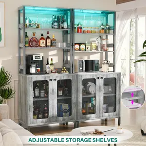 Bar Cabinet with Power Outlets, 67" Tall Wine Bar Cabinet Liquor Cabinet with LED Lights , Coffee Bar Station for Living Room Shelf Utensils