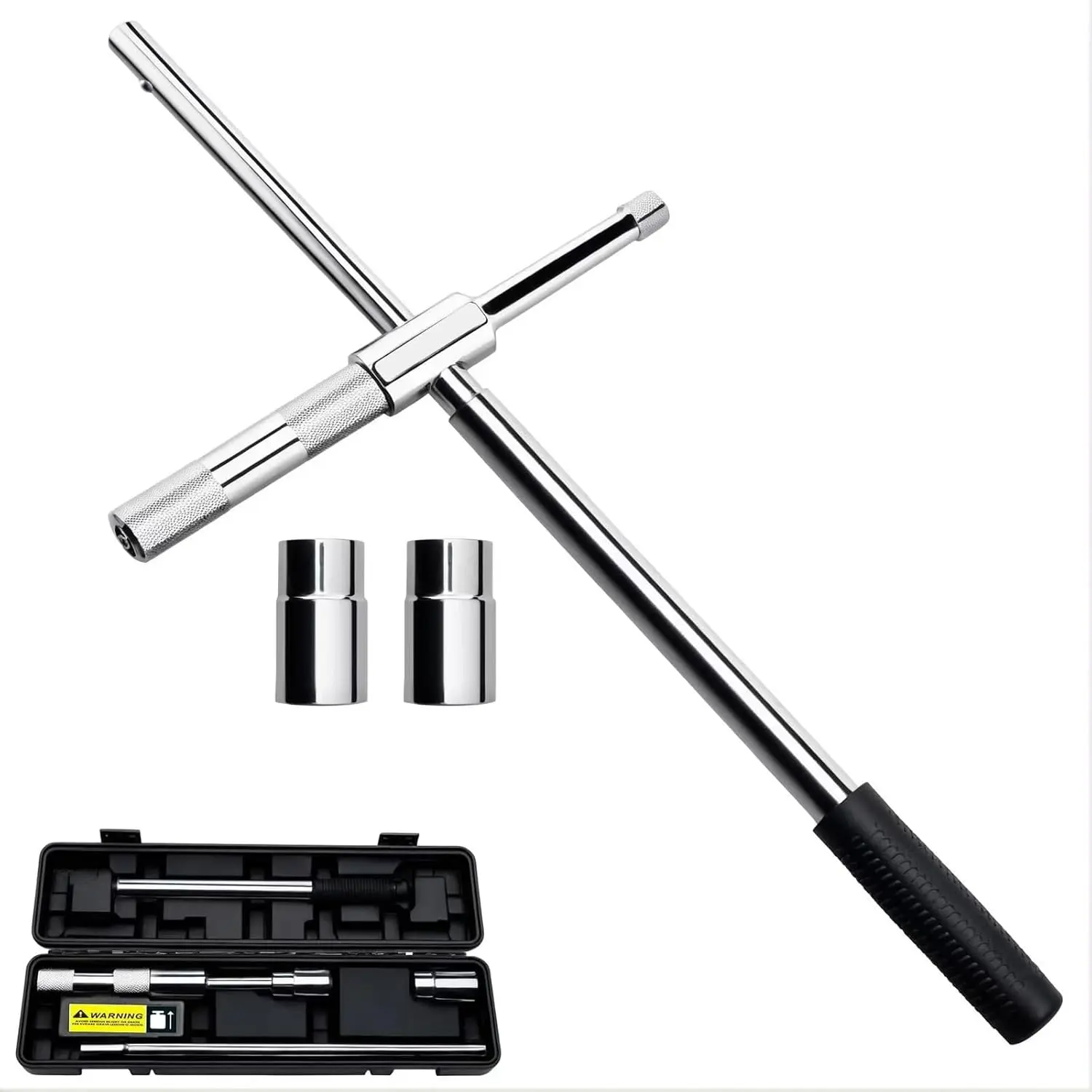 25'' Extended Lug Wrench with Blow Storage Case, 4 Way Wheel Nut Wrench with Standard Sockets (17mm, 19mm, 21mm & 23mm), Labor Saving Tire Iron Tyre Wrench