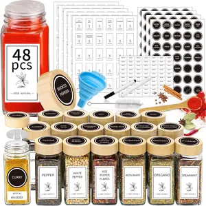 Jars with Lable, 48 count 4 oz Glass  Jars with  Lids,  Containers Bottles, Glass Seasoning Jars with Shaker Lids, Collapsible Funnel, for  Racks, Pantry,Cupboard