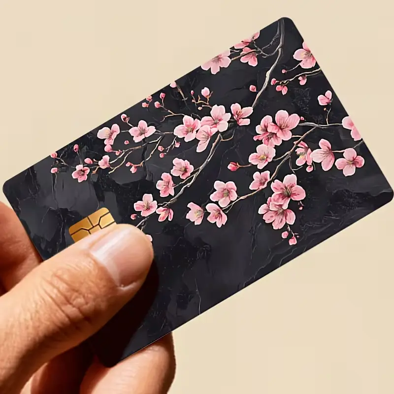 Cherry Blossom Black Marble Credit Card Sticker Skin - Removable Waterproof Sakura Vinyl Debit Card Cover Decal