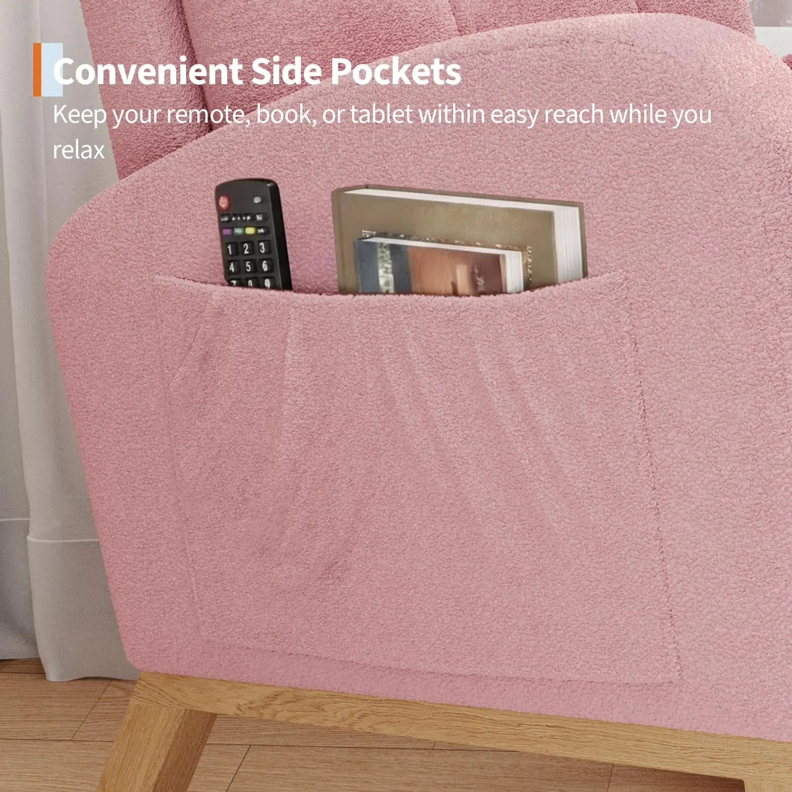 Garvee Modern Upholstered Rocking Chair for Nursery, Comfortable Recliner with Side Pocket, Gliding Rocker for Living Room, Bedroom, Nursing Room, in Pink Color
