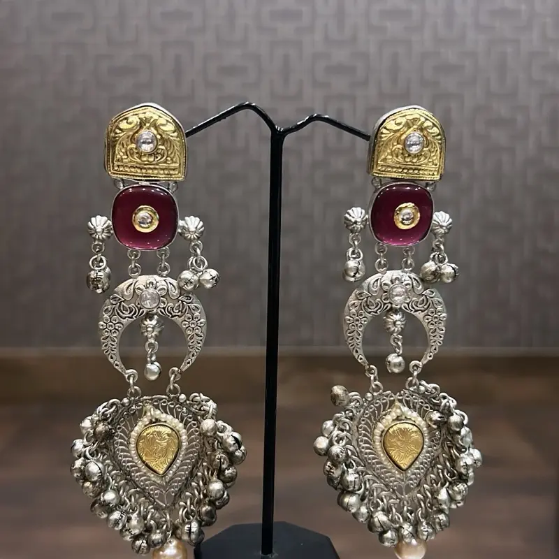 CHAOTIQ by ARTI Long Oxidized and Gold Earrings with Stones Elegant Design Chaotiq by Arti Jewelry