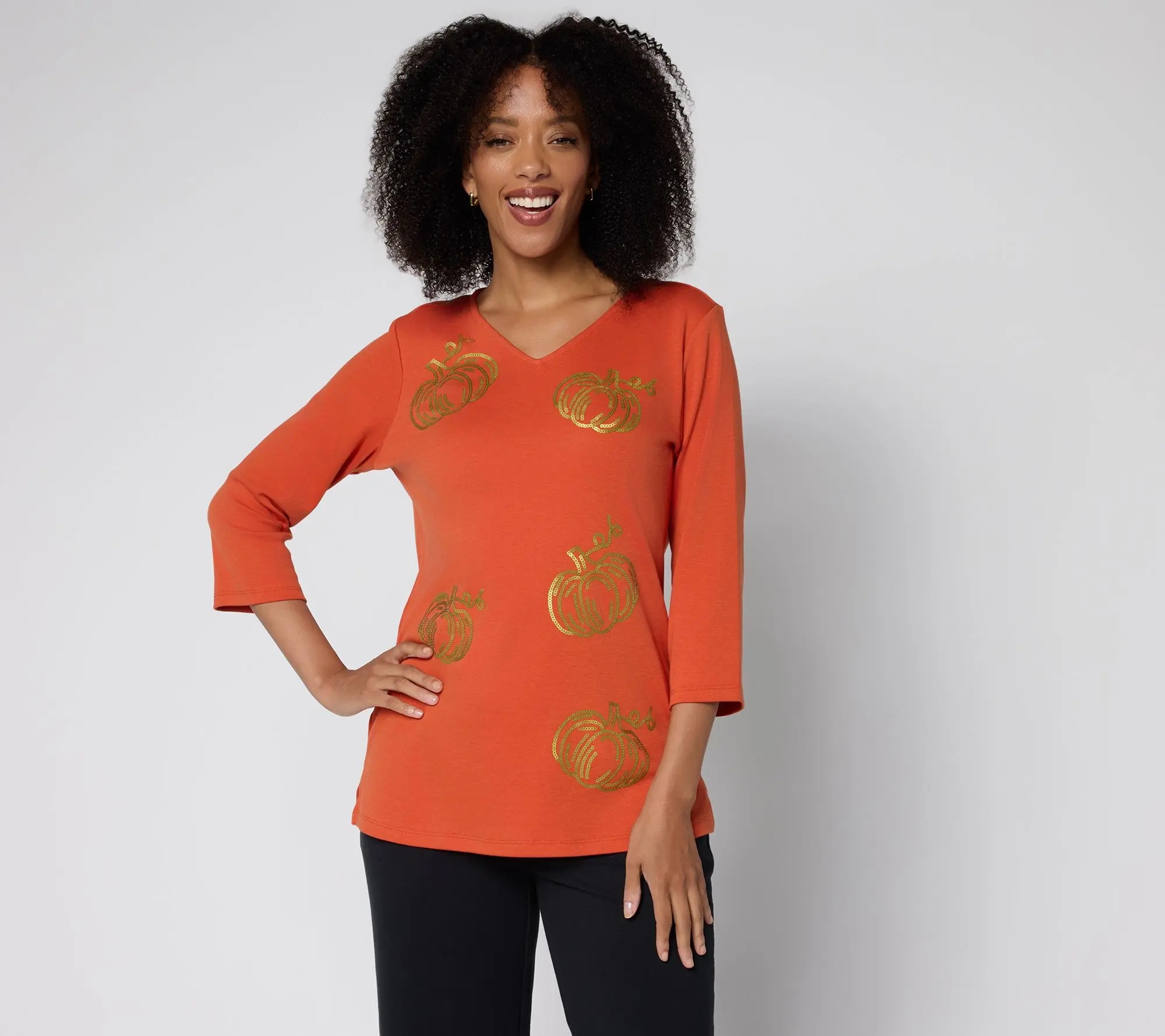 Quacker Factory Cute As A Pumpkin V-Neckline 3/4 Sleeve Top