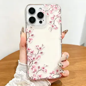 Phone Case - 1pc Pink Cherry Blossom Illustration Transparent Phone Case Suitable for iPhone 17 16  15 14 13 12 11 Promax X XSMAX XS Cover,Birthday Gift Perfect Present for Girlfriend Boyfriend Husband Wife Friend or Yourself