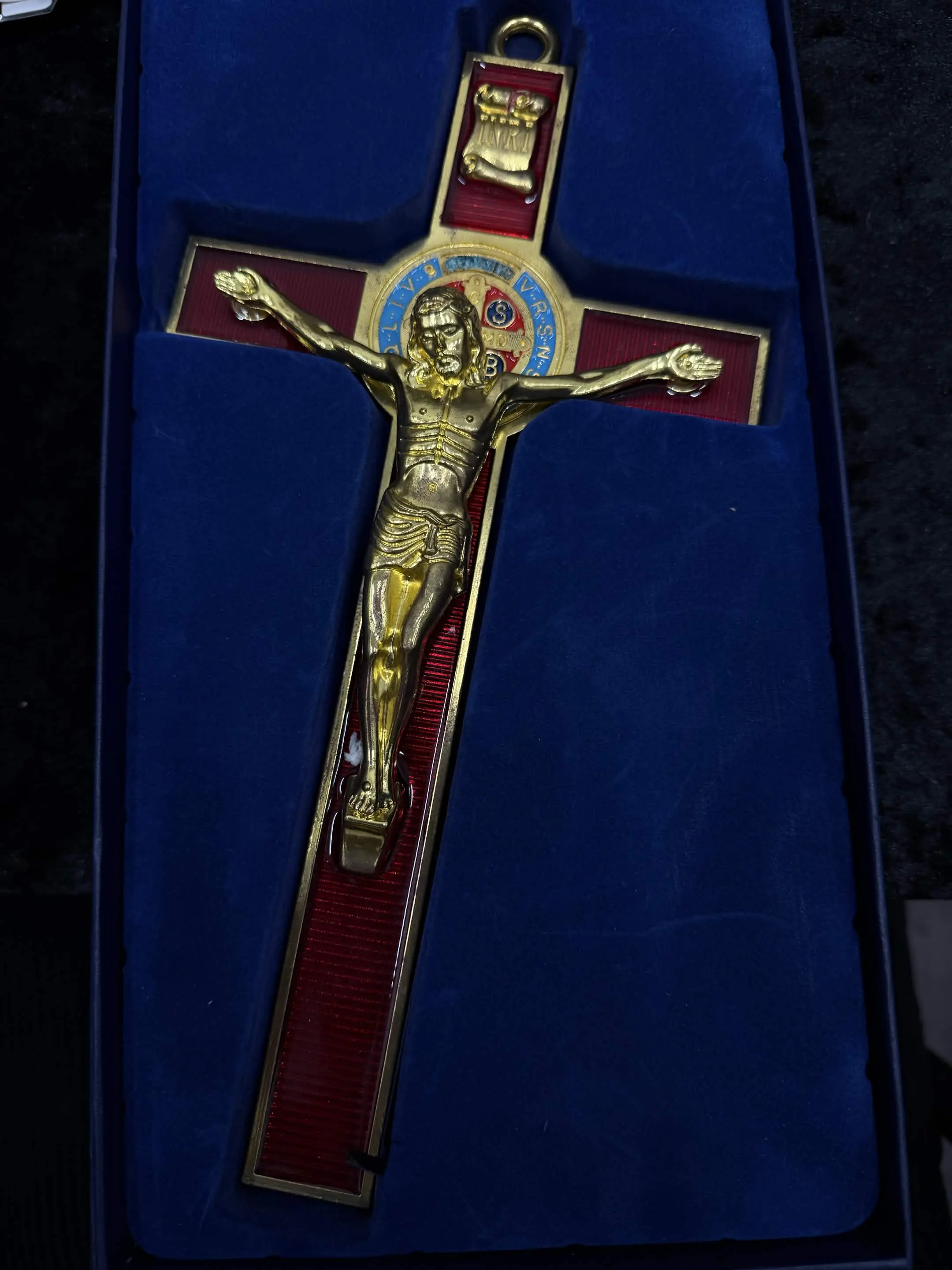 Elegant Gold-Plated Crucifix with Red Enamel Details in a Blue Velvet Box