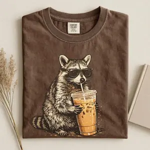 Comfort Colors Raccoon Iced Coffee Shirt, Funny Animal Graphic Tee, Unisex Streetwear Top
