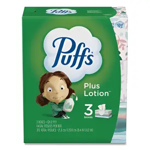 Plus Lotion Facial Tissue, 2-Ply, White, 124 Sheets/Box, 3 Box/Pack