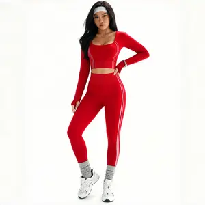 TCVC Women's 2 Piece Activewear Set, Long Sleeve U-Neck Top & High Waist Leggings, All-Season Breathable Outfit for Gym, Yoga, Running & Casual Wear