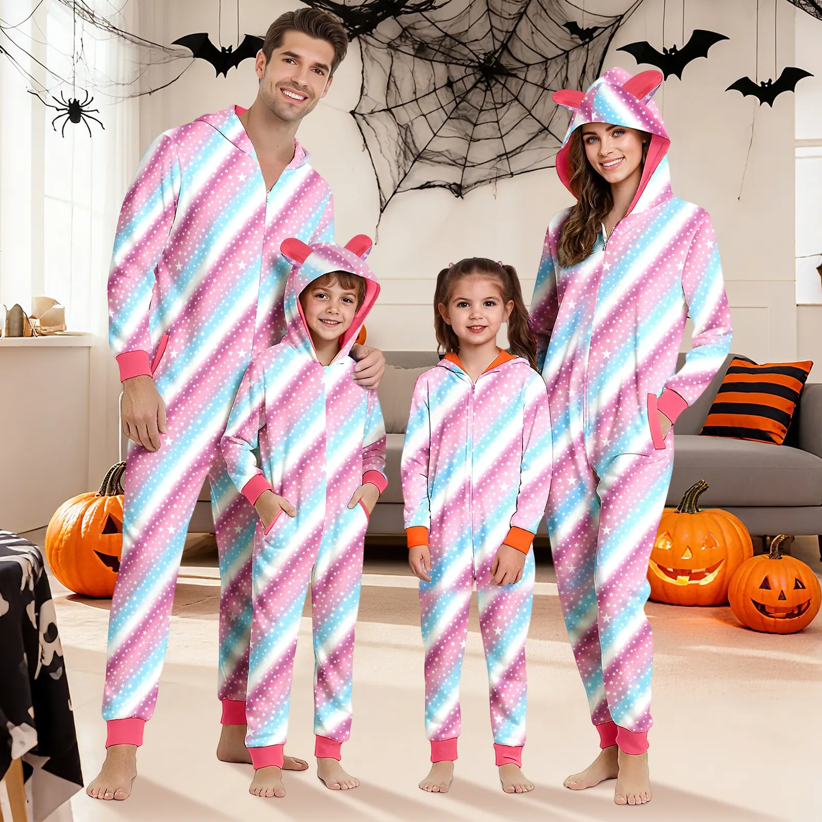 CARETOO Coordinate Family Clothing Sets - Comfortable Long-Sleeve Fitted Hooded Onesie Sleepwear, Traditional Colorful Diagonal Striped Fabric, Everyday Essential for Halloween, Christmas (Adults, Kids)