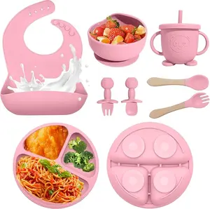 Silicone Baby Feeding Set for Baby Led Weaning Includes Suction Bowls Divided Plates Adjustable Bib Utensils Spoons Forks Cup Essential Feeding Kit