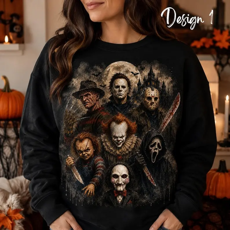Halloween Horror Characters Characters Scary Movies Sweater, Classic Horror Villains Graphic Crewneck - Spooky Season Sweats