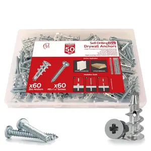 120 count Zinc Self Drilling Drywall Anchors and Screws kit #8 x 1-1/4"- Metal Wall Anchors for Drywall Heavy Duty, Holds Upto 50lbs - No Drill Hole Required with Dry Wall Screws and Anchors