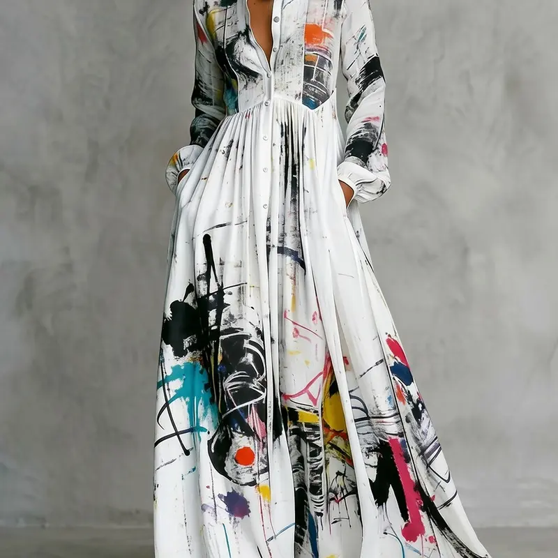 Women's Casual Long-Sleeve Loose Shirt Dress - Stand Collar, Buttoned, Pleated Pockets, Printed, Split-Joint Maxi Dress
