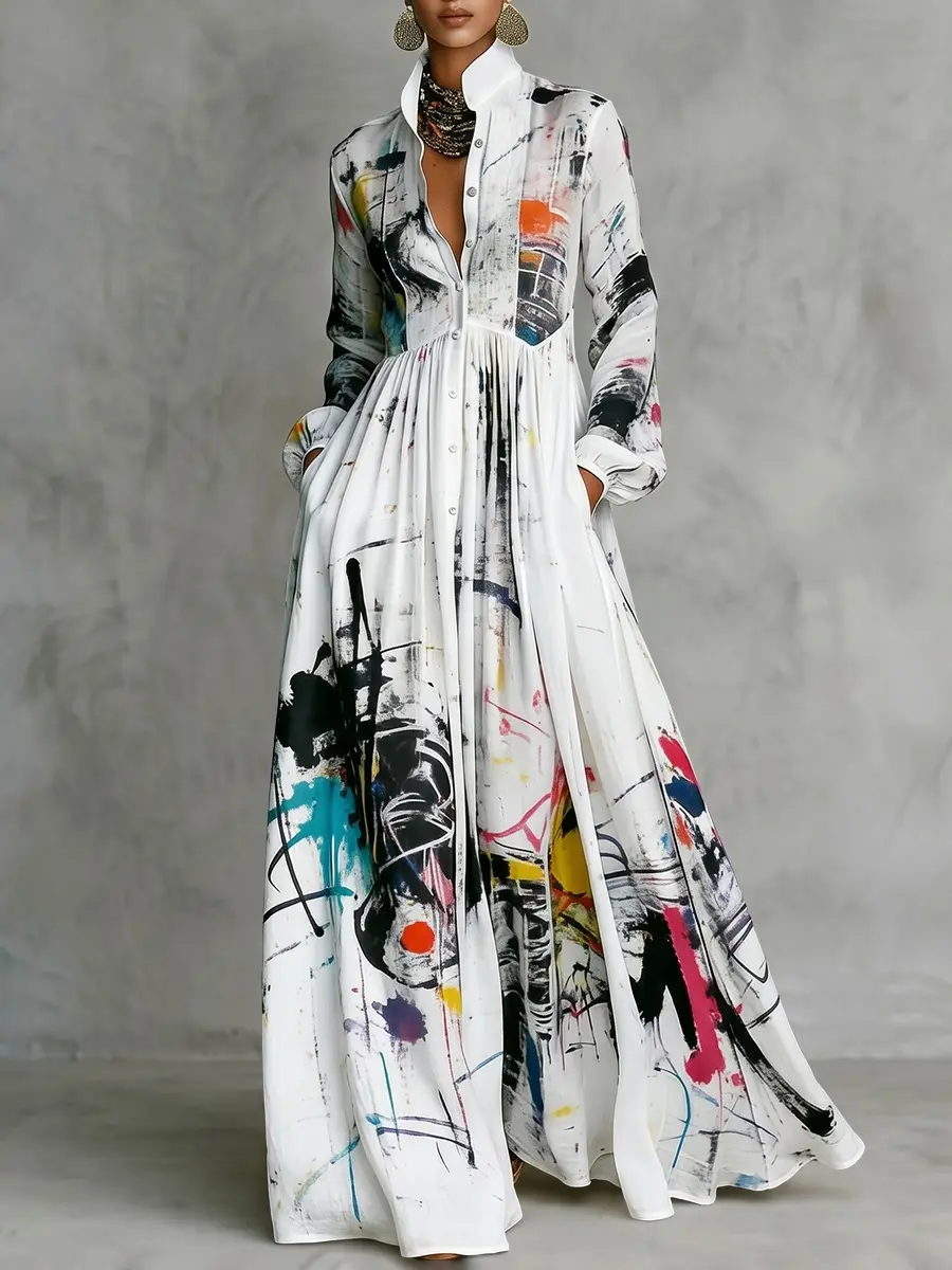 Women's Casual Long-Sleeve Loose Shirt Dress - Stand Collar, Buttoned, Pleated Pockets, Printed, Split-Joint Maxi Dress