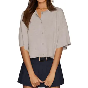 Imily Bela Womens Half Sleeve Cardigan Sweaters Cropped Button Down Tops Oversized Lightweight Ribbed Knit Summer Outfits