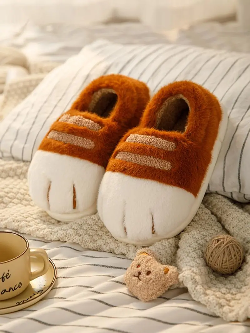 Women's Cozy Cartoon Cat Paw Design Plush Slippers with PVC Sole Textile Upper Warm Comfortable Home Shoes for Indoor & Outdoor Use Fall Winter Trending