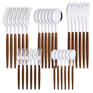 30-Piece Stainless Steel Silverware Set, Silver Mirror Polished Flatware Cutlery Set for 6, Tableware Eating Utensils Set for Home Restaurant Wedding, Dishwasher Safe (Wooden Effect Handle)