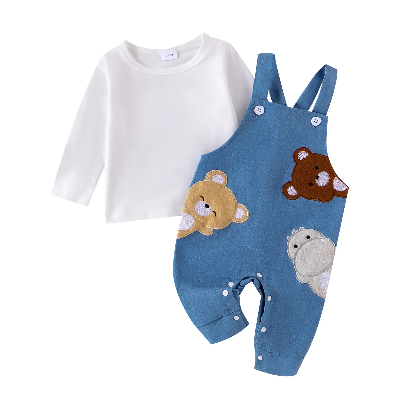 Newborn Baby Boy Clothes Long Sleeve T-Shirt Cartoon Bear Embroidery Suspender Overall Pants Set 2Pcs Infant Spring Warm Outfits #Springtok