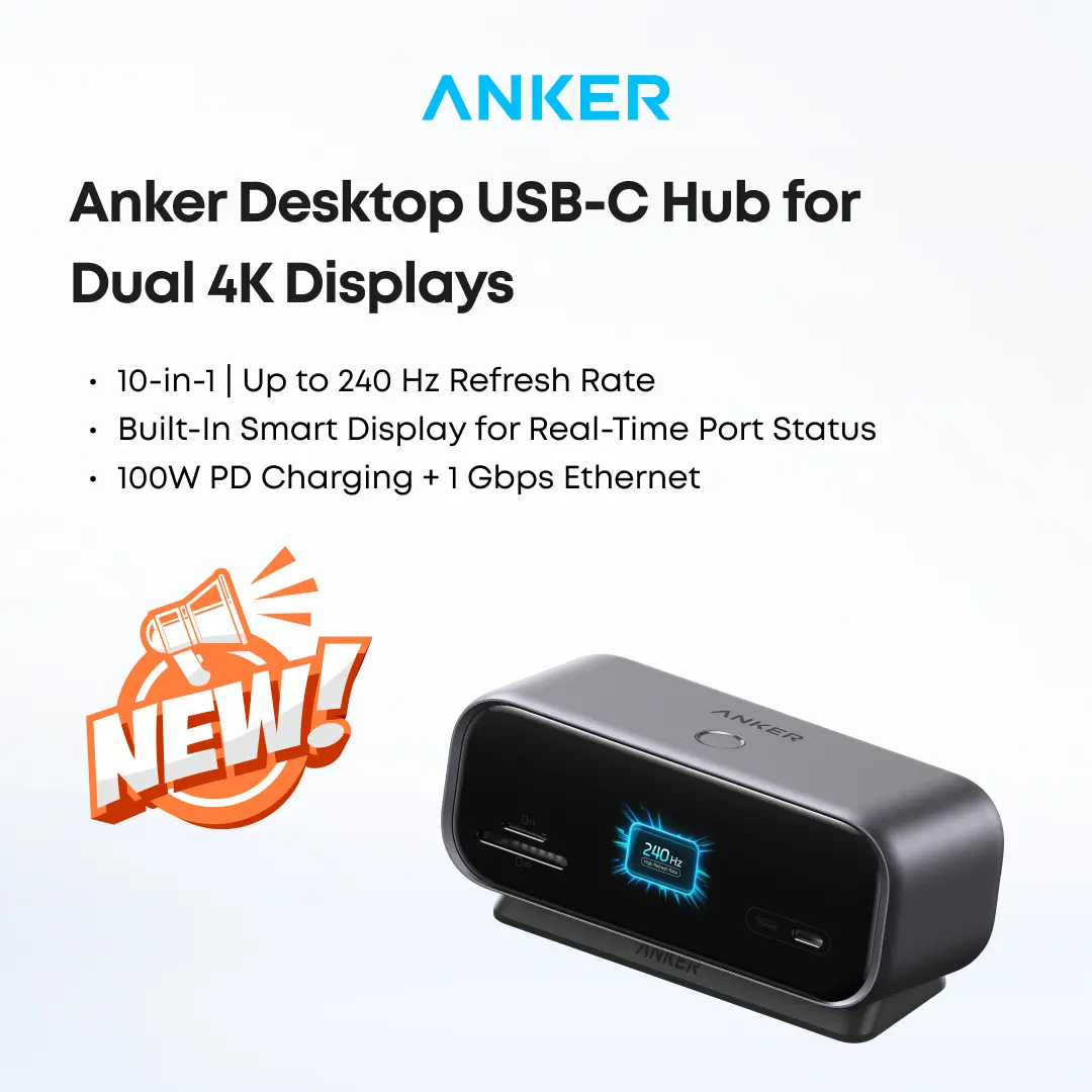 Anker Desktop USB-C Hub - 10-in-1, 240 Hz, Compact Form, PD3.0 100W, Port Status Real-Time Info, Industry-Leading High-Refresh-Rate Hub with Smart Display for Gaming Users