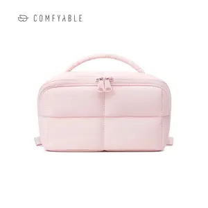 Comfyable Puffy Makeup Bag for Women, Compact Cosmetic Organiser for Girl, Cute Lightweight Travel Pouch, Open Flat Water-Repellent Make Up Bag