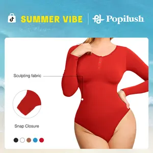 Popilush Seamless Shapewear Bodysuit with Medium Length and Ribbed Material Light