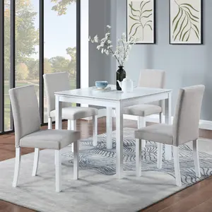 5 Piece Wooden Dining Table Set, Kitchen Table Set with a Square Table and 4 Upholstered Chairs, Wooden Dining Room Table with Crystal Decoration and Chairs Set for Kitchen, Dining Room, White