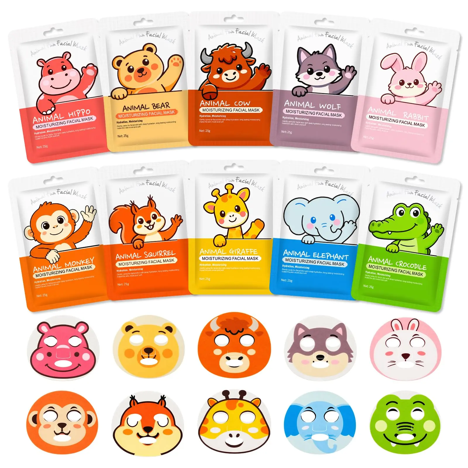 CHODEYE 10-Pack Cute Animal Sheet Mask Set - 10 Styles Cartoon Printed, Pure Cotton, Sheet Format, Unisex Use, All Skin Types, Hydration Boost, Mineral Oil Base Moisturizing Facial Masks for Kids, Fun Sleepover Party Favor Gift