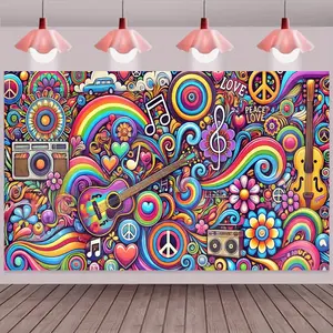 1 Piece 70s Hippie Cozy Wall Tapestry Banner, Colorful Peace Love Happiness Polyester Backdrop Cloth with Flowers Butterflies Peace Sign, for Vintage Theme Party Decor & Boho Home Independence Day Use