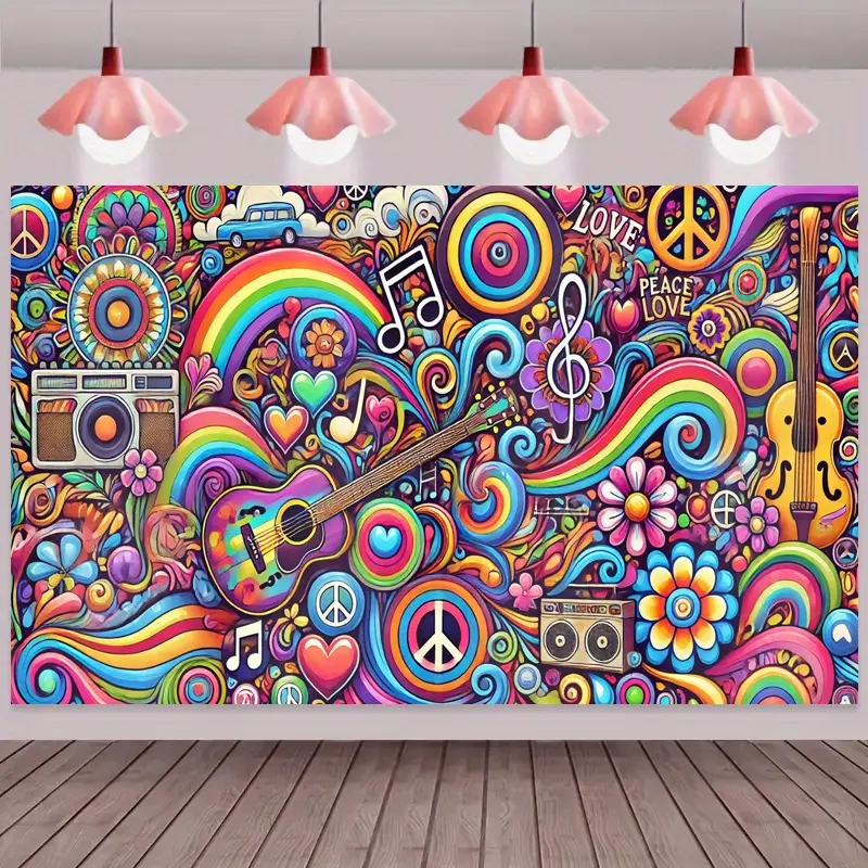 1-Piece Synthetic 95g 70s Hippie Vibe Polyester Wall Tapestry Banner - Colorful Peace Signs, Flower, Butterfly Backdrop Cloth for Boho Home Decor, Vintage Party Decor Supplies