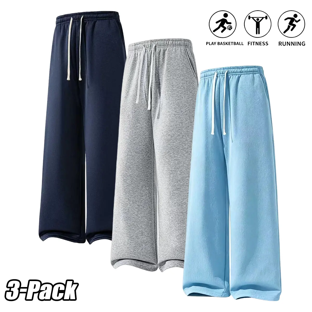 Men’s 3-Pack Polyester Athletic Basic Sweatpants, Mid-Waist Drawstring, Loose-Fit Solid Plain Long Pants, Unisex Fall/Winter Bottoms for Everyday Wear
