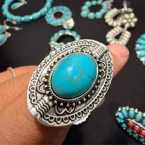 Vintage Turquoise Statement Ring for Women Boho Western Silver Adjustable Ring Eye-catching Stone Design Lightweight Comfortable Daily Wear