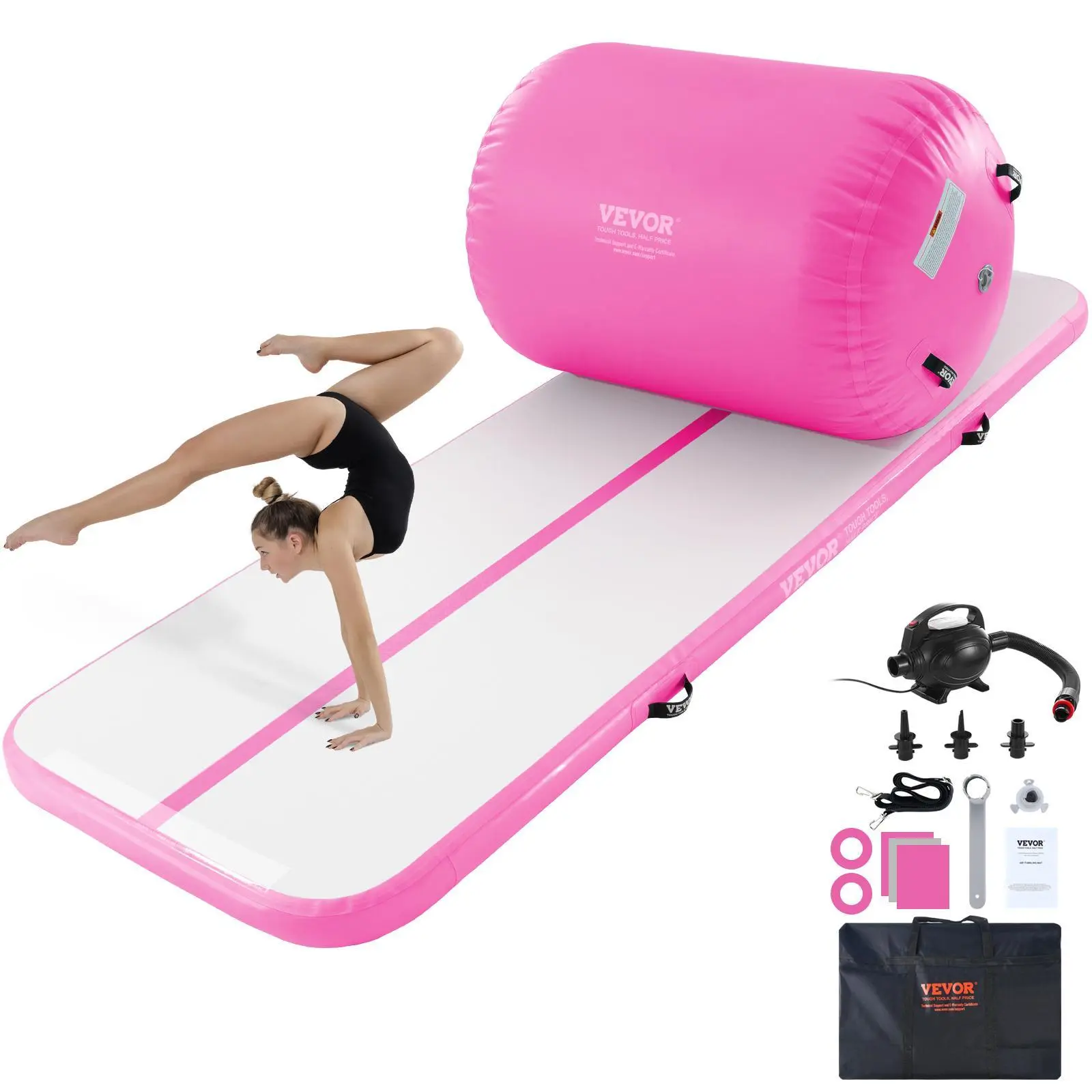 【FathersDayGift】VEVOR Inflatable Gymnastics Air Mat Set, 2 PCS Tumbling Mat, Tumble Track with Electric Pump, Air Roller Barrel Gymnastics Equipment, Training Mats for Home Use/Gym/Yoga/Cheerleading/Beach/Park/Water