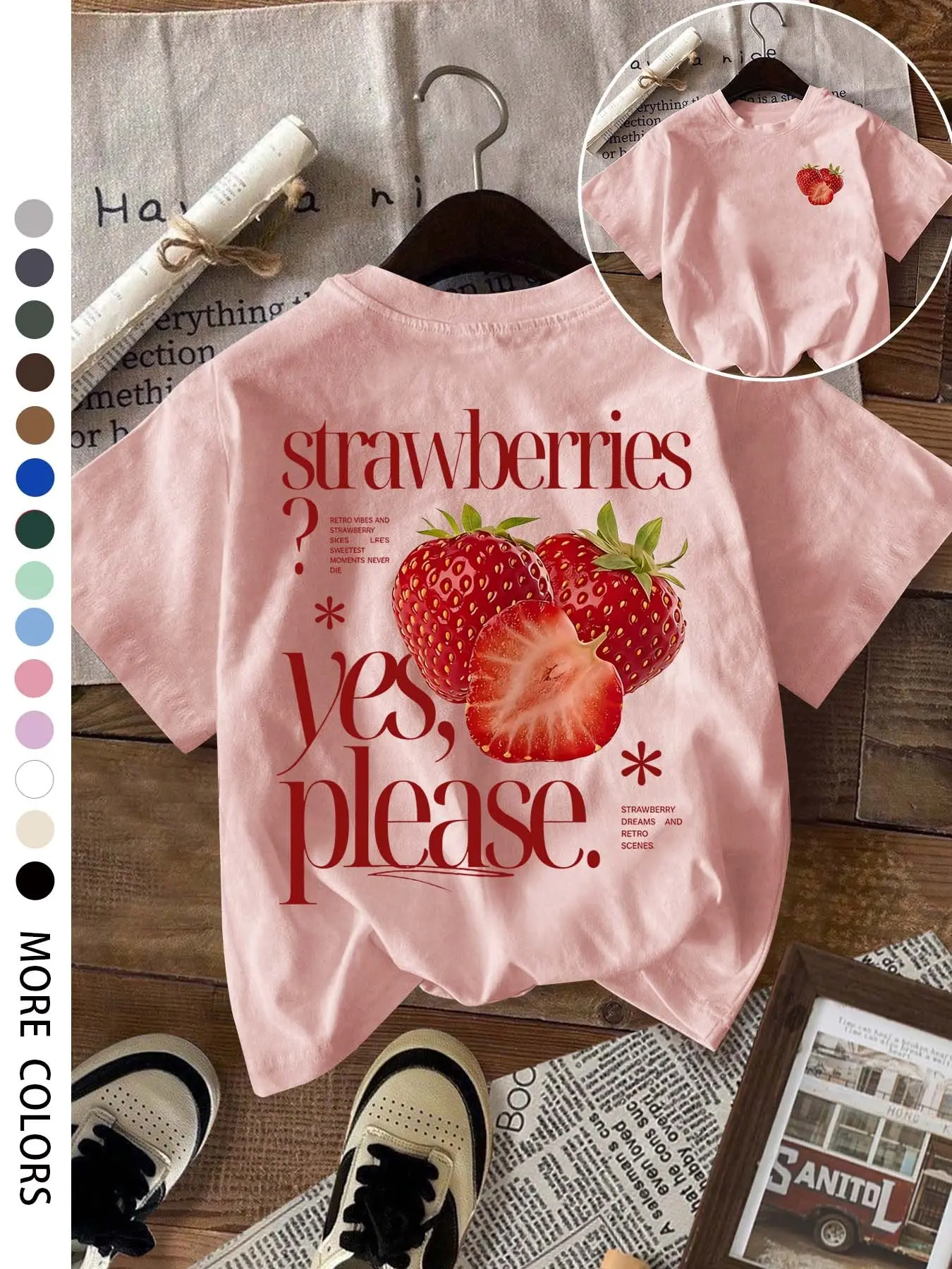 Women's Round Neck Short Sleeve Loose T-Shirt, Strawberry Pattern Print, Casual Wear, Soft Breathable Fabric, Perfect Summer Fashion Top, Casual Summer Chic, Womenswear