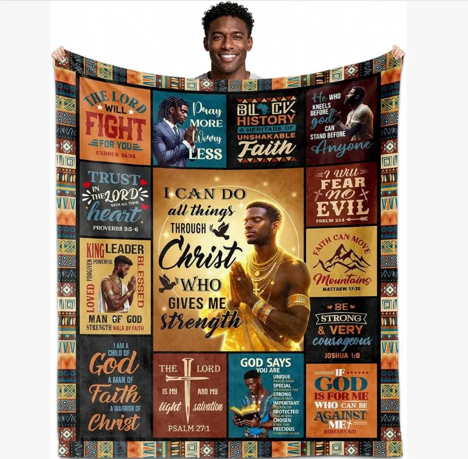 Modern Machine Washable Christian Throw Blanket for African American Men - Inspirational Bible Verse Prayer Quilt, Spiritual Items Gift for Birthday Christmas, Religious
