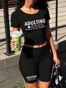 Personalized print patterns Two-Piece Set Women's Lip Print Short Sleeve Crop Top & Skinny Jumpsuit, Casual Fashion Cozy Round Neck Tee & Jumpsuit for Daily Outdoor Wear, Ladies Clothes for Spring, Overalls