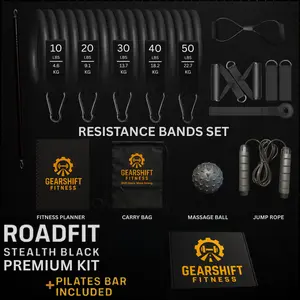 GEARSHIFT FITNESS - RoadFit Stealth Black Premium Kit Includes 10-50 lbs Resistance Bands Set Jump Rope Massage Ball Fitness Planner Carry Bag Pilates Bar