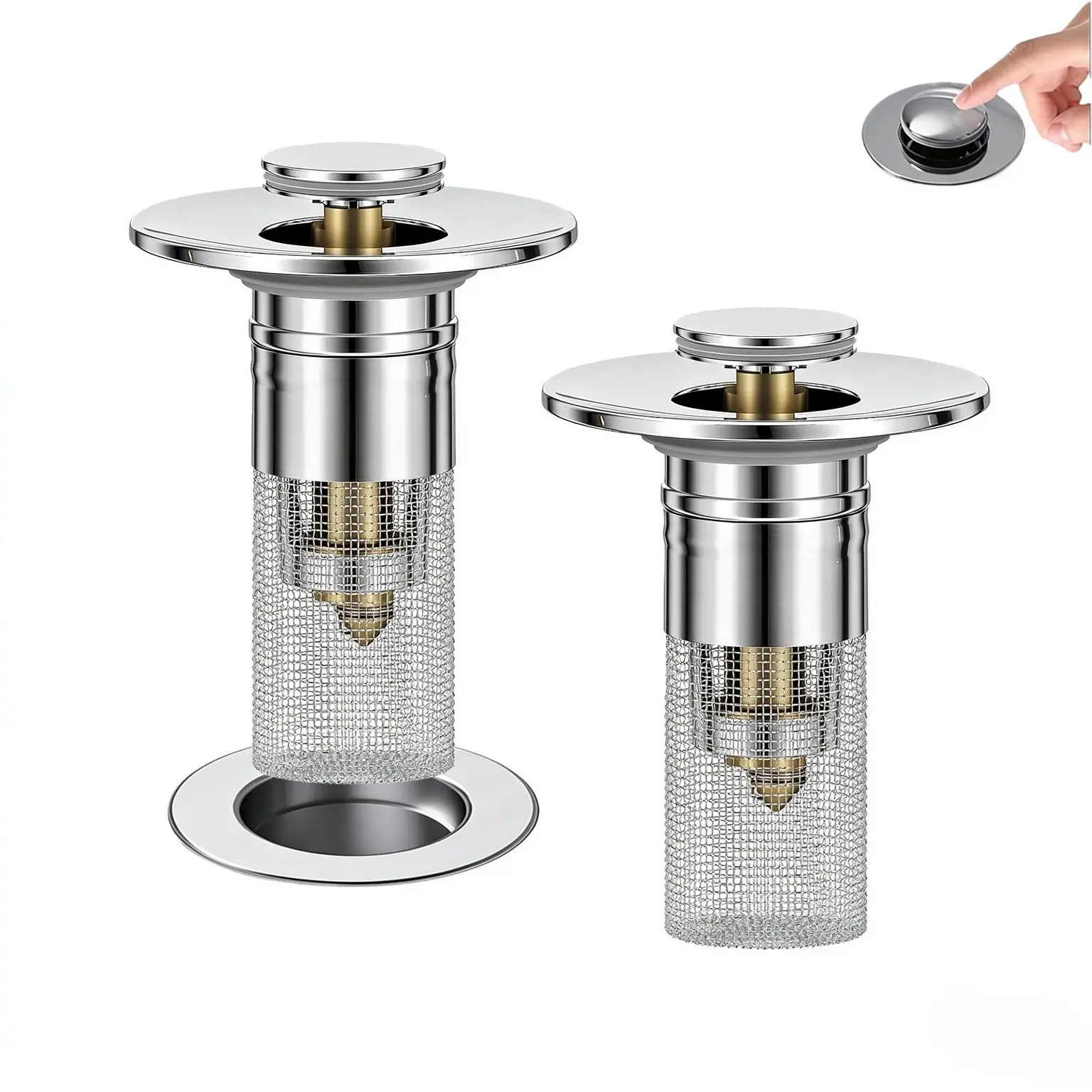 2PCS Bathroom Sink Drain Strainer, Pop-up Stopper Hair Catcher with Stainless Steel Filter Basket, Universal Replacement Drain Plug for Bathroom Sinks