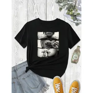 Women's Black Casual T-Shirt with Artistic Portrait Print Round Neck Medium Stretch Machine Washable All-Season Comfort Fit Cute T Shirts Comfortable Clothing Abstract Portrait Mediumstretch Fabric