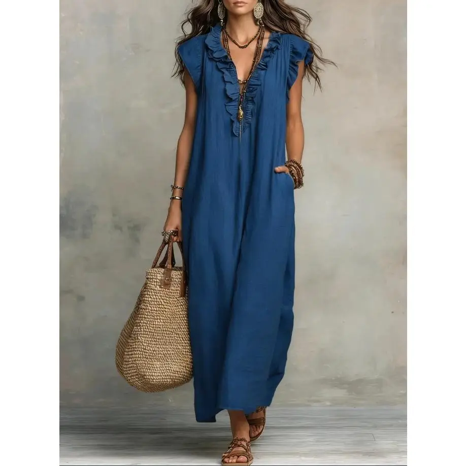 VVZ 2026 Women's Bohemian Ruffle Neck Maxi Dress Casual Sleeveless Loose Flowy Long Dress for Beach, Vacation & Daily Wear - TikTok Shop VVZ 2026 Women's Bohemian Ruffle Neck Maxi Dress Casual Sleeveless Loose Flowy Long Dress for Beach, Vacation & Daily Wear - TikTok Shop